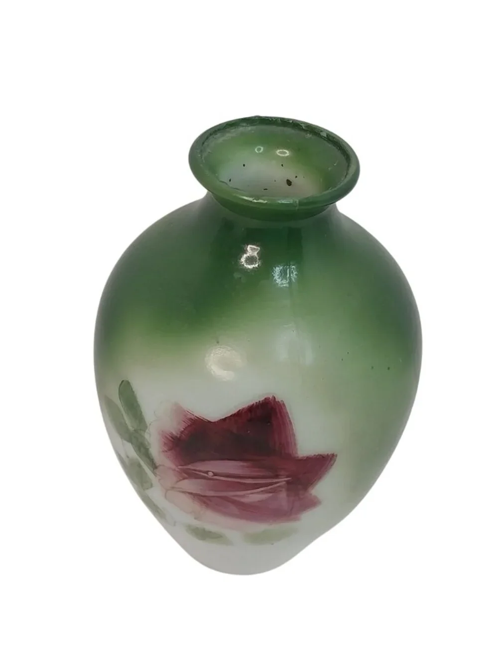 Antique Victorian Hand-Painted Green & White Milk Glass Vase With Red Rose